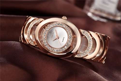 CRRJU Diamond Link Womans Watch - Rose Gold Strap White Face