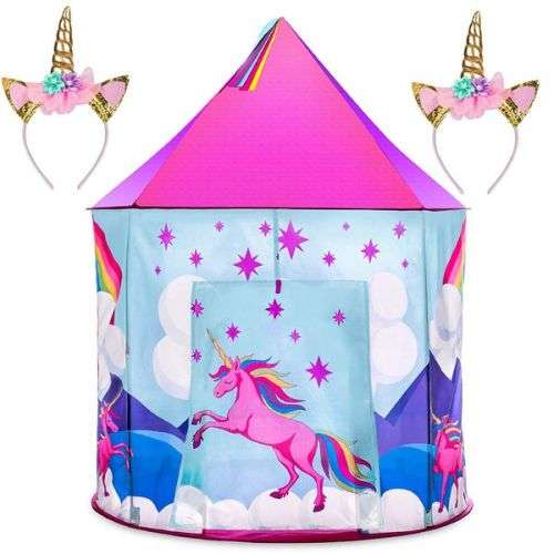 JuniorFX Pop-up Unicorn Castle Play Tent with 2 Unicorn Headbands