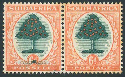 South Africa 1931 Roto Printing 6d pair with "Green smudge over value" Variety
