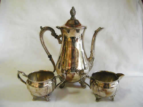3 Piece Silver Plated Tea set - Tea pot, Sugar bowl & Milk jug with free coffee pot with broken leg