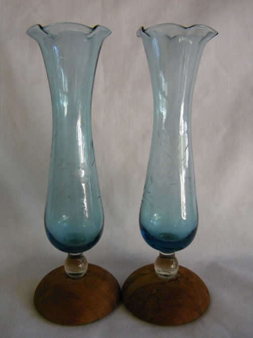 Pair of blue glass vases with wooden foot piece - as per photo