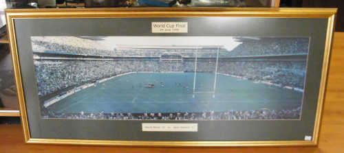 Large 1995 Rugby World Cup picture in frame - 112 x 52cm - cracked glass - as per photo