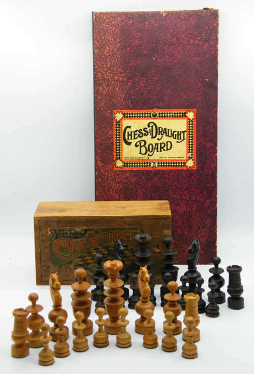 Antique CHESSMER Wooden Chess set in box with board - as per photo