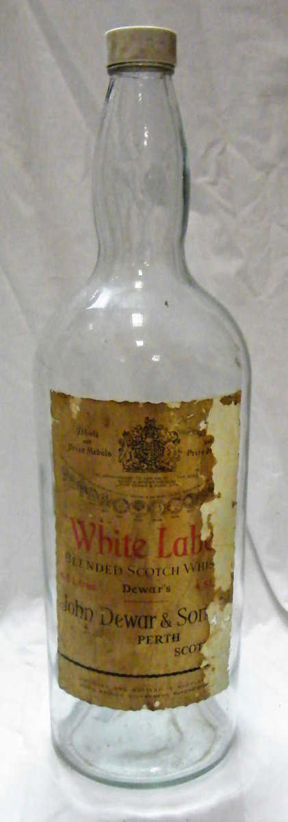 White Label Dewars Scottish Whiskey large glass vintage bottle - as per photo