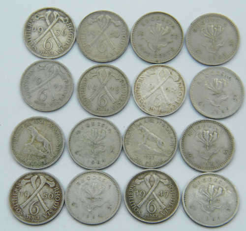 Lot of 16 Rhodesian 6 Pence coins - mixed lot - as per photo