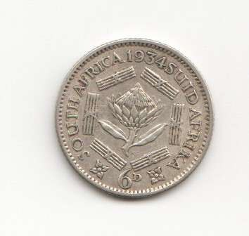 SAU Silver 1934 Sixpence - VF+ - Book value over R300 - as per photo