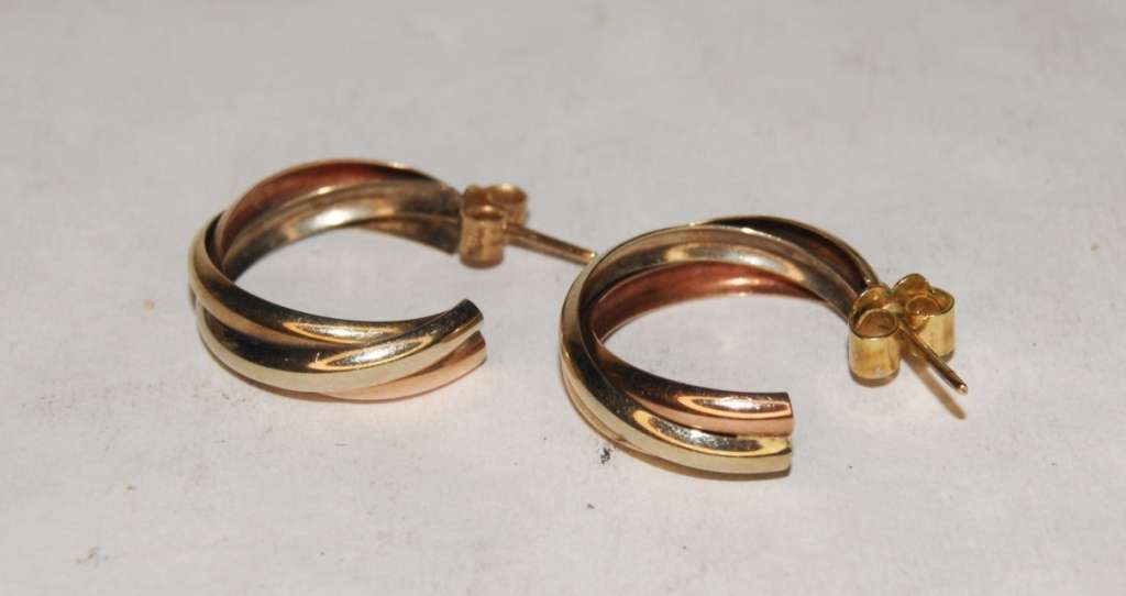 Pair of 9ct White, Rose and Yellow Gold Braided Semi Hoop Earrings (2.9g) @ CRAZY LOW R1 START