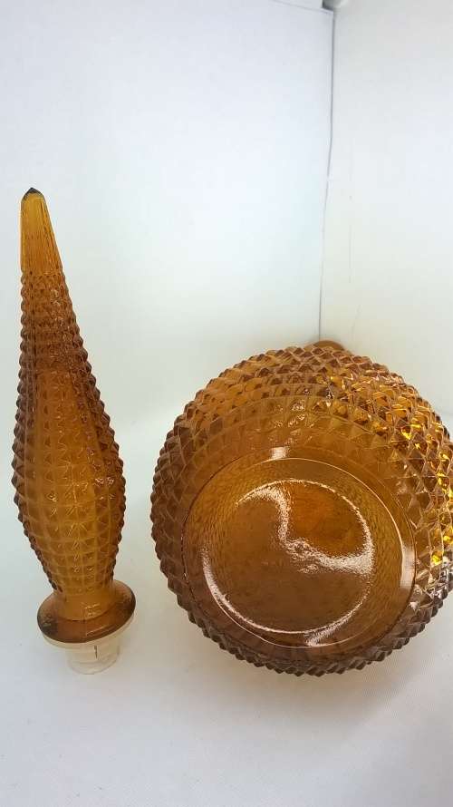 Amber Diamond Hobnail Art Glass Genie Bottle Decanter