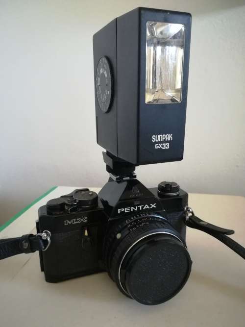 Pentax Asahi MX.. Black Vintage with 50mm lens & flash unit
