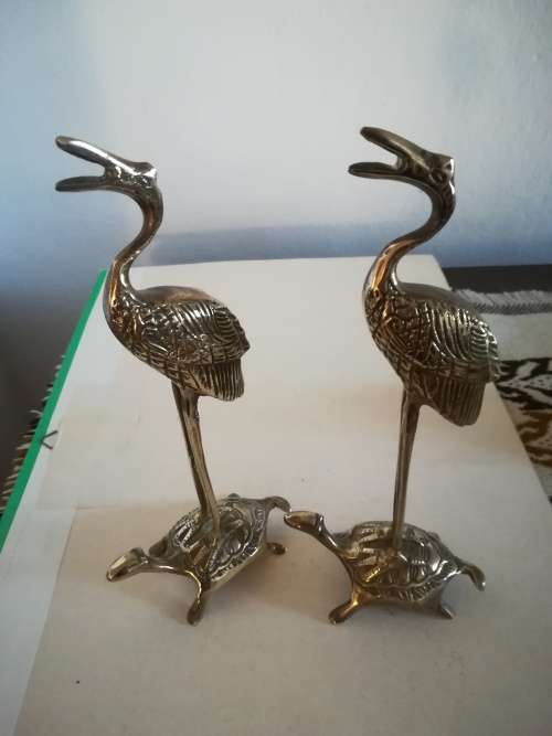 A pair of Solid Brass Majestic  Cranes on Tortoise Figurines 21 cm tall as per scan