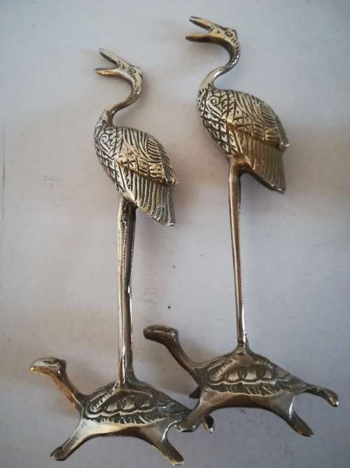 A pair of Solid Brass Majestic  Cranes on Tortoise Figurines 21 cm tall as per scan
