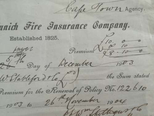 Cogh. 5 shilling Revenue on 1903 Fire Insurance Receipt