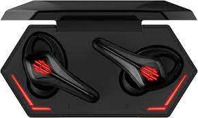 REDMAGIC TWS EARBUDS - BLACK WITH FLASHING RED LIGHTS.