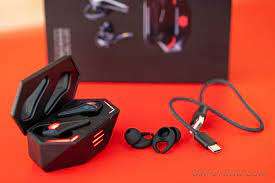 REDMAGIC TWS GAMING EARBUDS - BLACK WITH FLASHING RED LIGHTS.