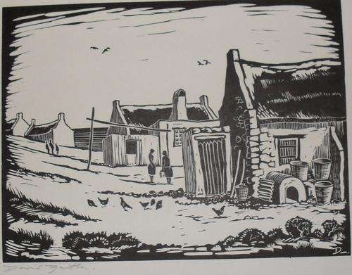 David Botha Linocut of Fishermans Cottages 30.5 by 23