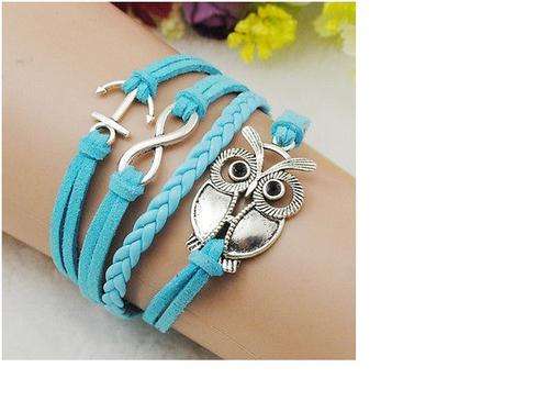 Anchor Owl infinity Antique Silver Leather Friendship Cute Charm Bracelet