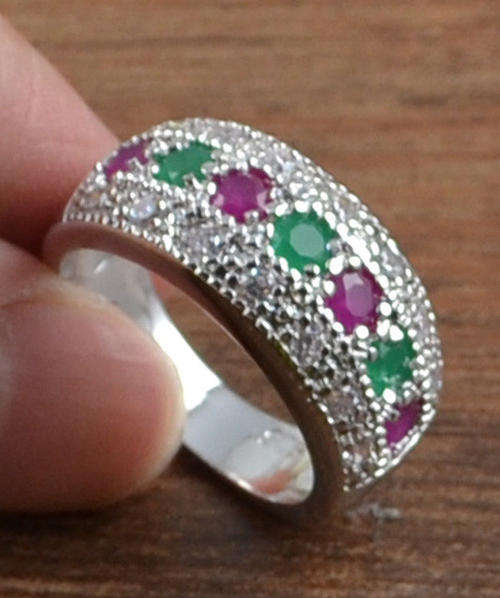 Ruby &  Emerald  & White Topaz Silver Ring size P