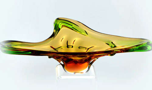 * BARGAIN! A DAZZLING, VERY LARGE GREEN AND AMBER CZECH ART GLASS MSTISOV / MOSER BOWL 1970/1980s