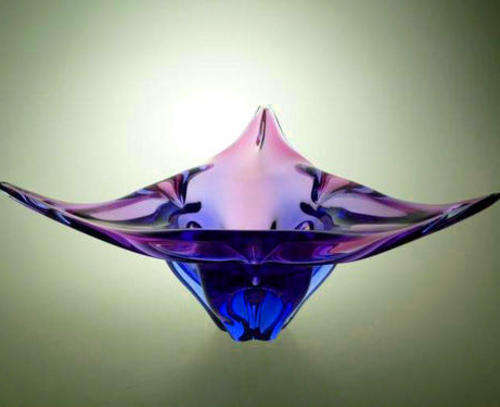 * MAGNIFICENT & VERY LARGE PINK & BLUE CZECH ART GLASS CHRIBSKA BOWL DESIGNED BY PROF JOSEF HOSPODKA