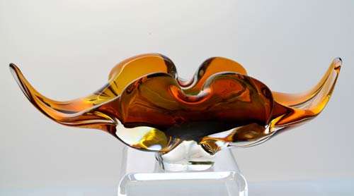 * AMBER & GREEN CZECH ART GLASS CHRIBSKA BOWL DESIGNED BY PROF JOSEF HOSPODKA