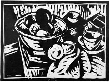 *A BARGAIN! GREGOIRE BOONZAIER (1909-2005) : STILL LIFE WITH FRUIT : SIGNED, TITLED & FRAMED LINOCUT
