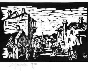 * GREGOIRE BOONZAIER (1906-1982) : VILLAGE & WORKERS : SIGNED & DATED (1978) LINO