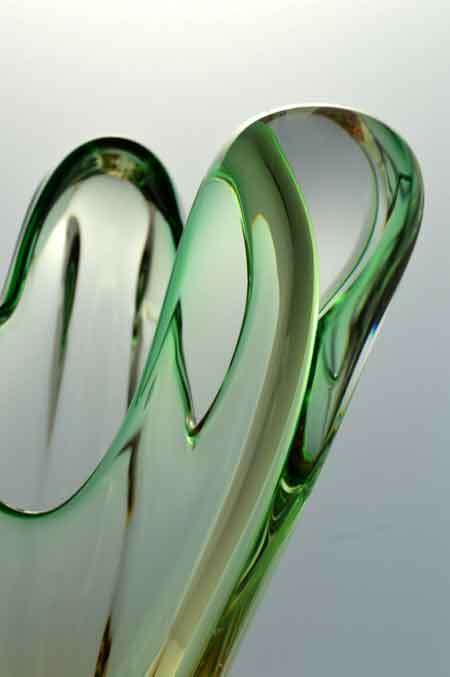 LARGE SALMON & GREEN CZECH ART GLASS CHRIBSKA SCULPTURE DESIGNED BY PROF JOSEF HOSPODKA IN THE 1970s