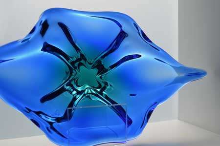 XXXL * BLUE AND GREEN CZECH ART GLASS CHRIBSKA BOWL DESIGNED BY PROF JOSEF HOSPODKA IN THE 1970s