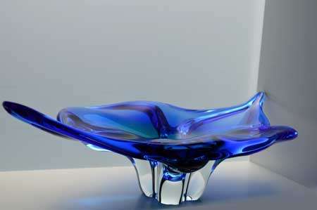 XXXL * BLUE AND GREEN CZECH ART GLASS CHRIBSKA BOWL DESIGNED BY PROF JOSEF HOSPODKA IN THE 1970s