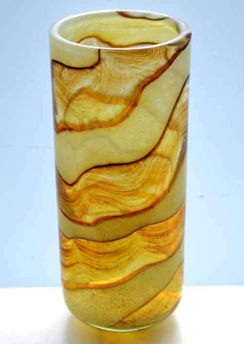 A RARE MICHAEL HARRIS MDINA ART GLASS VASE FROM THE 1970s : AUTUMN RANGE IN SHADES OF AMBER & BROWN