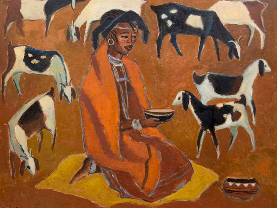 XHOSA MAIDEN WITH GOATS BY SOUTH AFRICAN ARTIST NERINE DESMOND (1908-1993)