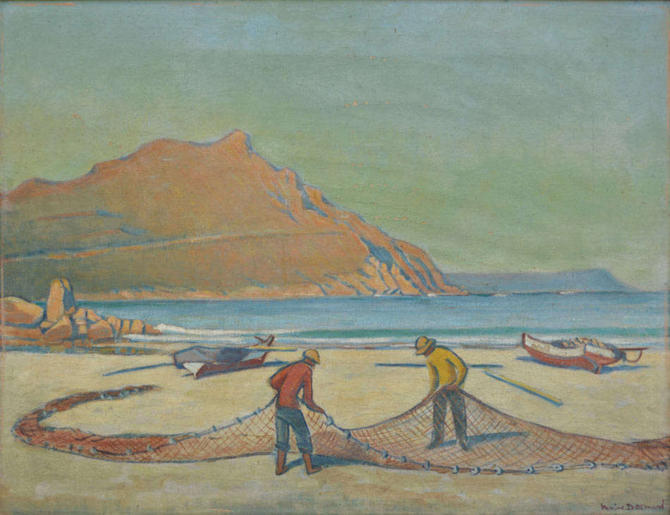 ** LARGE OIL PAINTING: CAPE FISHERMEN REPAIRING THEIR NETS BY SA ARTIST NERINE DESMOND (1908-1993)