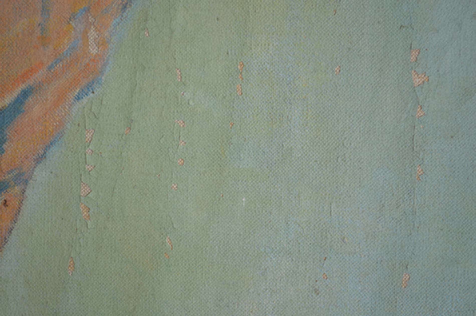 ** LARGE OIL PAINTING: CAPE FISHERMEN REPAIRING THEIR NETS BY SA ARTIST NERINE DESMOND (1908-1993)