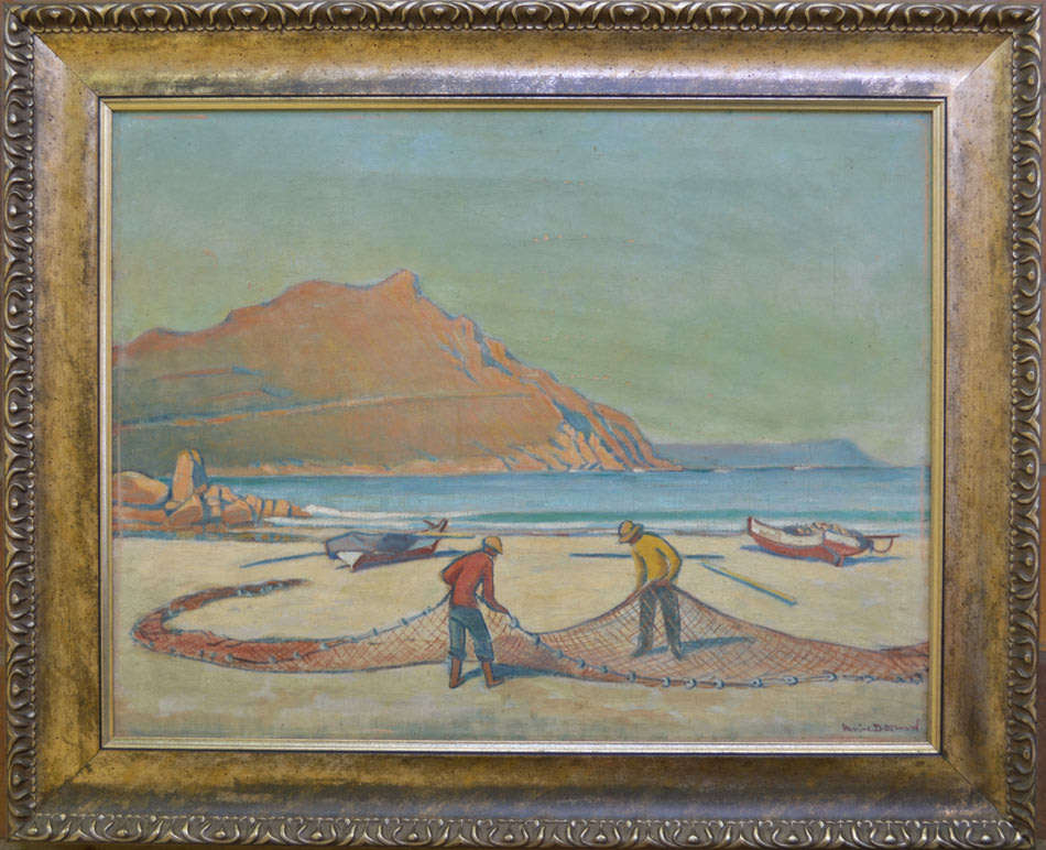 ** LARGE OIL PAINTING: CAPE FISHERMEN REPAIRING THEIR NETS BY SA ARTIST NERINE DESMOND (1908-1993)
