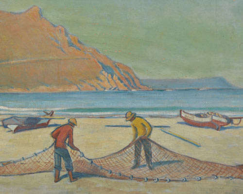 ** LARGE OIL PAINTING: CAPE FISHERMEN REPAIRING THEIR NETS BY SA ARTIST NERINE DESMOND (1908-1993)