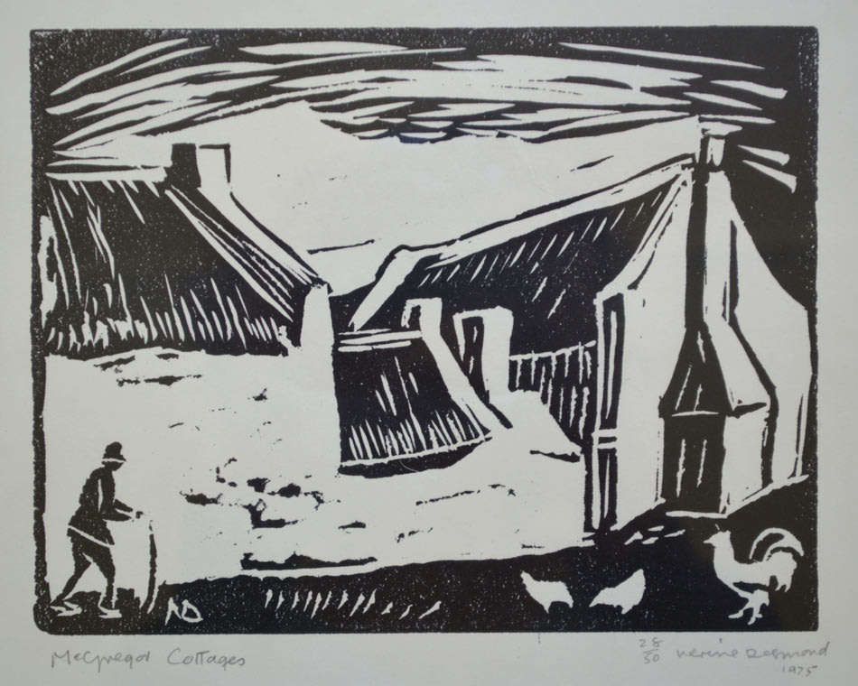 ** A FRAMED LINO'OF MCGREGOR COTTAGES (ED 50 1975) BY SA ARTIST NERINE DESMOND (1908-1993)