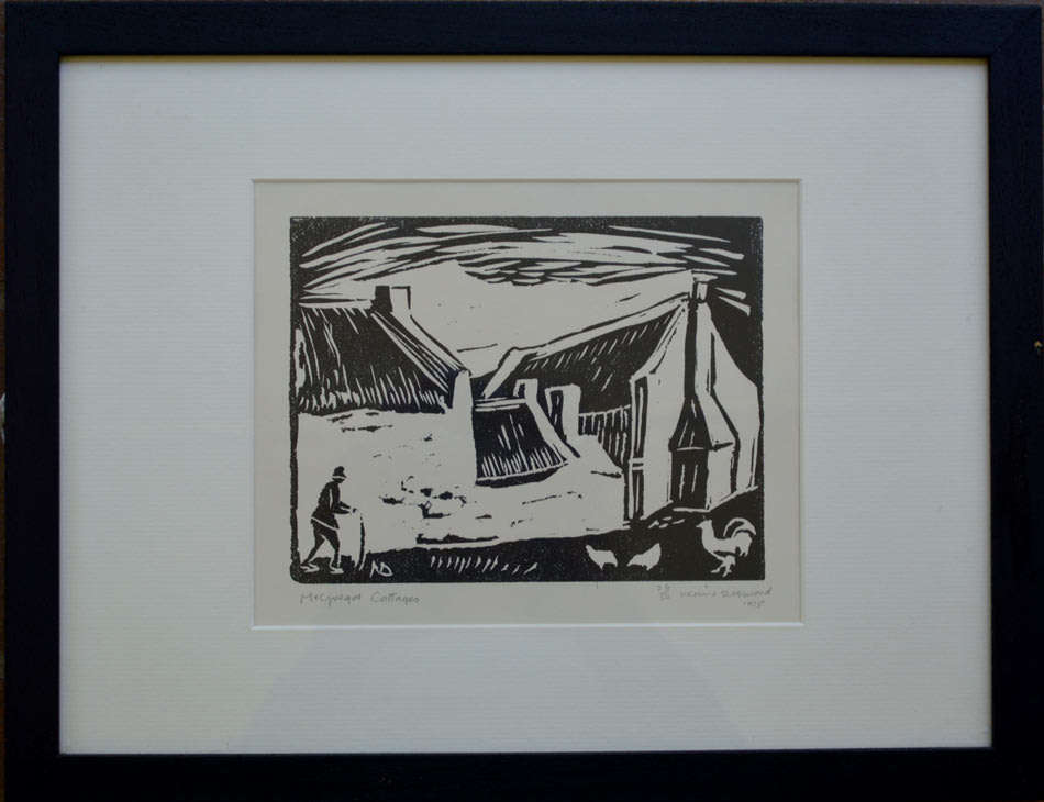 ** A FRAMED LINO'OF MCGREGOR COTTAGES (ED 50 1975) BY SA ARTIST NERINE DESMOND (1908-1993)