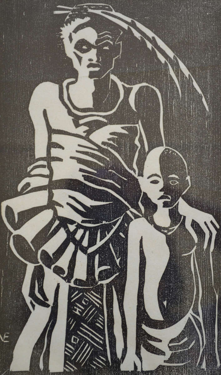 * MAURICE VAN ESSCHE: MOTHER AND CHILD: ORIGINAL GRAPHIC ART (LINO) SIGNED BY THE ARTIST