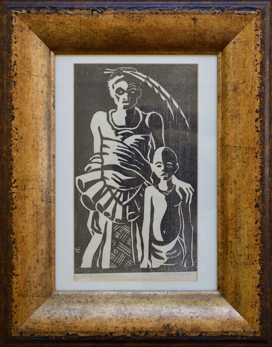 * MAURICE VAN ESSCHE: MOTHER AND CHILD: ORIGINAL GRAPHIC ART (LINO) SIGNED BY THE ARTIST