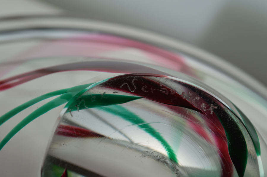 * SUPERB MAASTRICHT PINK, GREEN AND CLEAR SIGNED GLASS BOWL, DESIGNED BY MAX VERBOEKET, WITH LABEL