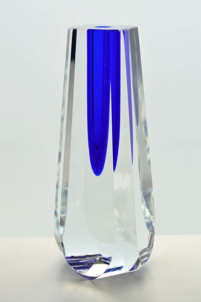 MUSEUM ITEM EXBOR BLUE & CLEAR CZECH GLASS SCULPTURAL VASE DESIGNED BY PAVEL HLAVA IN 1957/58