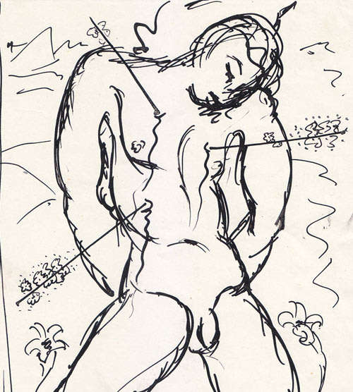 **JOHANNES MEINTJES : ORIGINAL, SIGNED PEN SKETCH OF SAINT SEBASTIAN