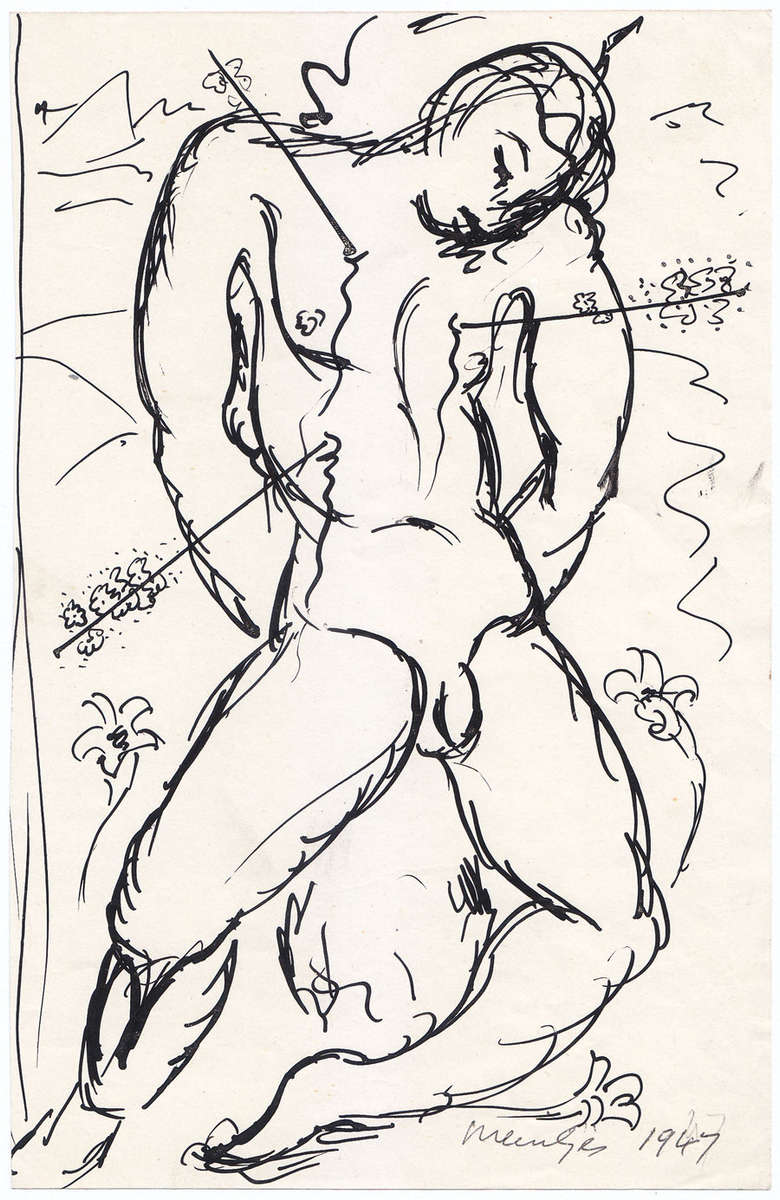 **JOHANNES MEINTJES : ORIGINAL, SIGNED PEN SKETCH OF SAINT SEBASTIAN