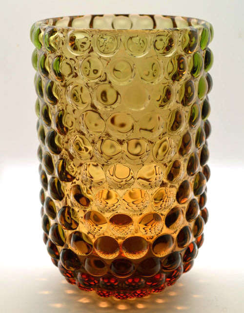 * A BEAUTY! A POST-WAR CZECH ART GLASS VASE; PRESSED GLASS IN AMBER AND PALE EMERALD GREEN