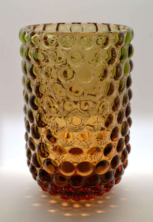 * A BEAUTY! A POST-WAR CZECH ART GLASS VASE; PRESSED GLASS IN AMBER AND PALE EMERALD GREEN