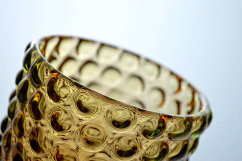 * A BEAUTY! A POST-WAR CZECH ART GLASS VASE; PRESSED GLASS IN AMBER AND PALE EMERALD GREEN