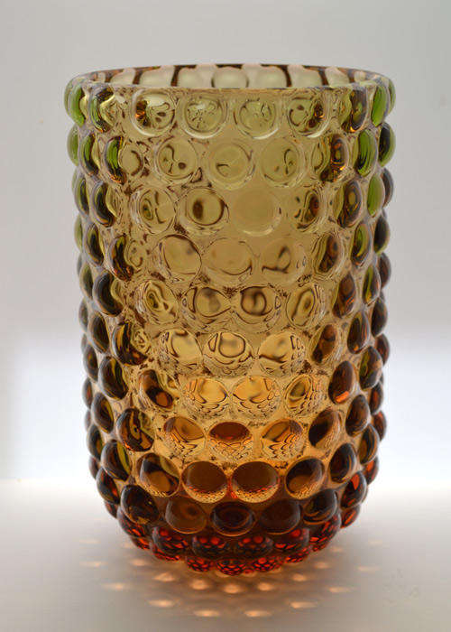 * A BEAUTY! A POST-WAR CZECH ART GLASS VASE; PRESSED GLASS IN AMBER AND PALE EMERALD GREEN