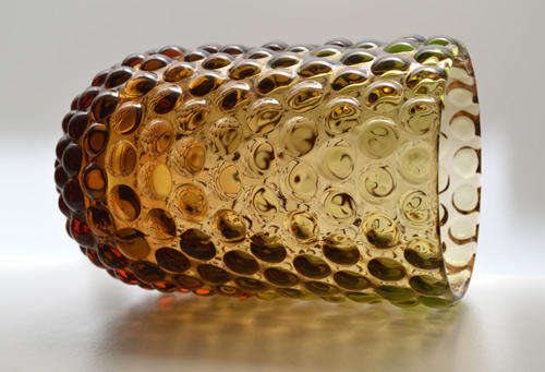 * A BEAUTY! A POST-WAR CZECH ART GLASS VASE; PRESSED GLASS IN AMBER AND PALE EMERALD GREEN