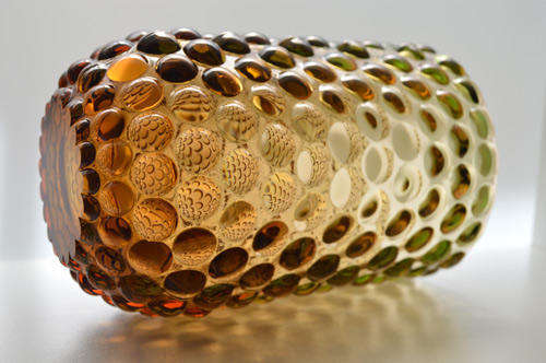 * A BEAUTY! A POST-WAR CZECH ART GLASS VASE; PRESSED GLASS IN AMBER AND PALE EMERALD GREEN