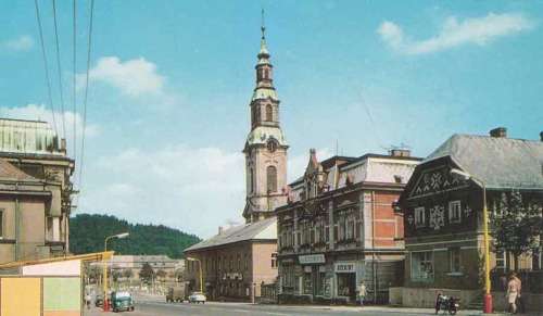* A BEAUTY! A POST-WAR CZECH ART GLASS VASE; PRESSED GLASS IN AMBER AND PALE EMERALD GREEN
